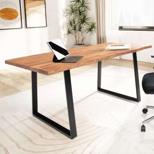 Schreibtisch 120x60x76 cm Akazie Massivholz / Metall Computertisch Baumkante Homeoffice – Bild 2