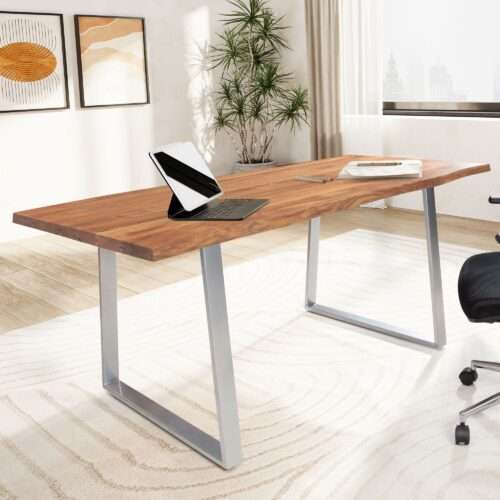 Schreibtisch 180x90x76 cm Akazie Massivholz / Metall Computertisch Baumkante Homeoffice – Bild 2