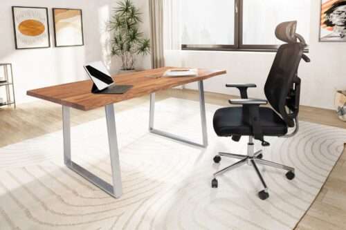 Schreibtisch 180x90x76 cm Akazie Massivholz / Metall Computertisch Baumkante Homeoffice – Bild 3