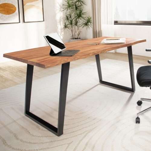 Schreibtisch 120x60x76 cm Akazie Massivholz / Metall Computertisch Baumkante Homeoffice – Bild 2