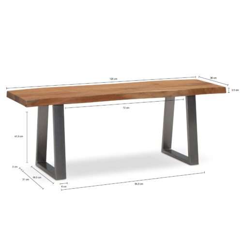 Garderobenbank 120x40x455 cm Akazie Massivholz / Metall mit Baumkante Sitzbank – Bild 4