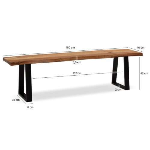 Esszimmerbank 180x40x455 cm Akazie Massivholz / Metall mit Baumkante Esstischbank – Bild 4