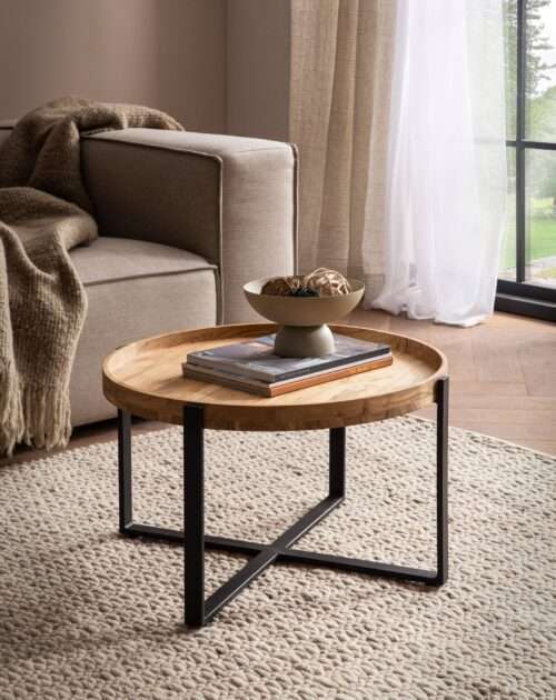 Couchtisch 60x60x36 cm Akazie Massivholz Metall Hellbraun Sofatisch Rund Design – Bild 3