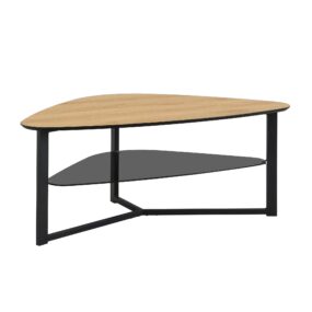 Couchtisch nierenförmig Eiche Optik 110 cm mit Glasablage & Metallgestell