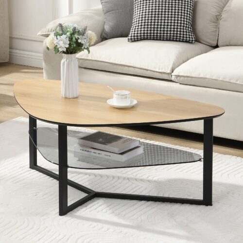 Couchtisch nierenförmig Eiche Optik 110 cm mit Glasablage & Metallgestell – Bild 2