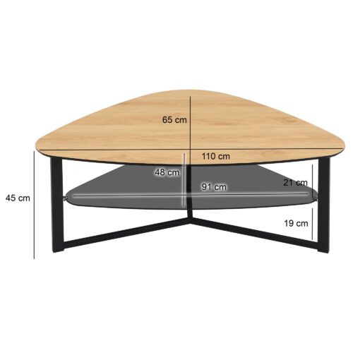 Couchtisch nierenförmig Eiche Optik 110 cm mit Glasablage & Metallgestell – Bild 4