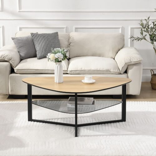 Couchtisch nierenförmig Eiche Optik 110 cm mit Glasablage & Metallgestell – Bild 5