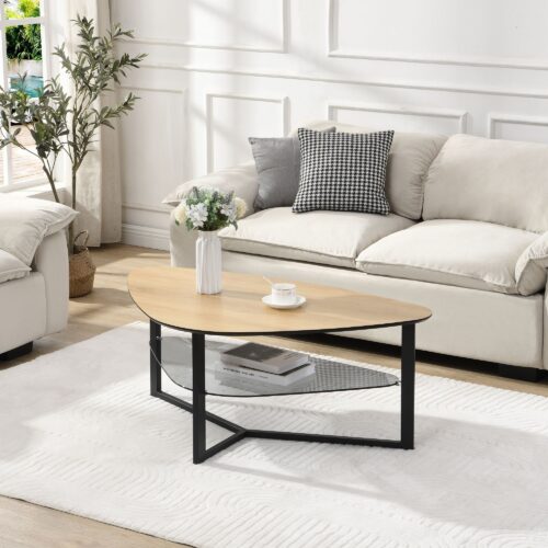 Couchtisch nierenförmig Eiche Optik 110 cm mit Glasablage & Metallgestell – Bild 3
