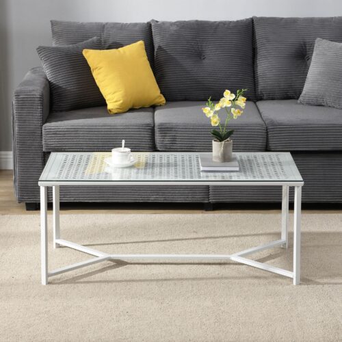 Couchtisch Glas Metall Weiß 100 cm Rechteckiger Wohnzimmertisch Modern – Bild 5