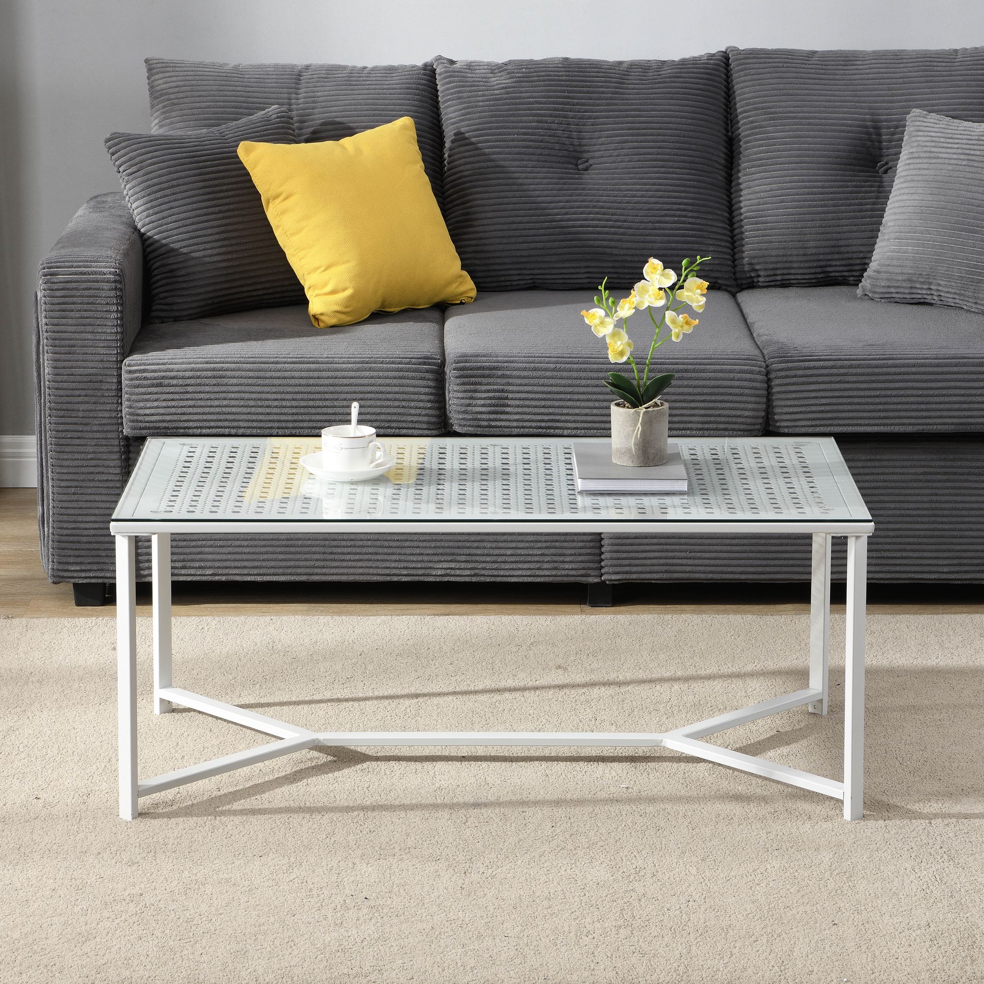 Couchtisch Glas Metall Weiß 100 cm Rechteckiger Wohnzimmertisch Modern – Bild 5