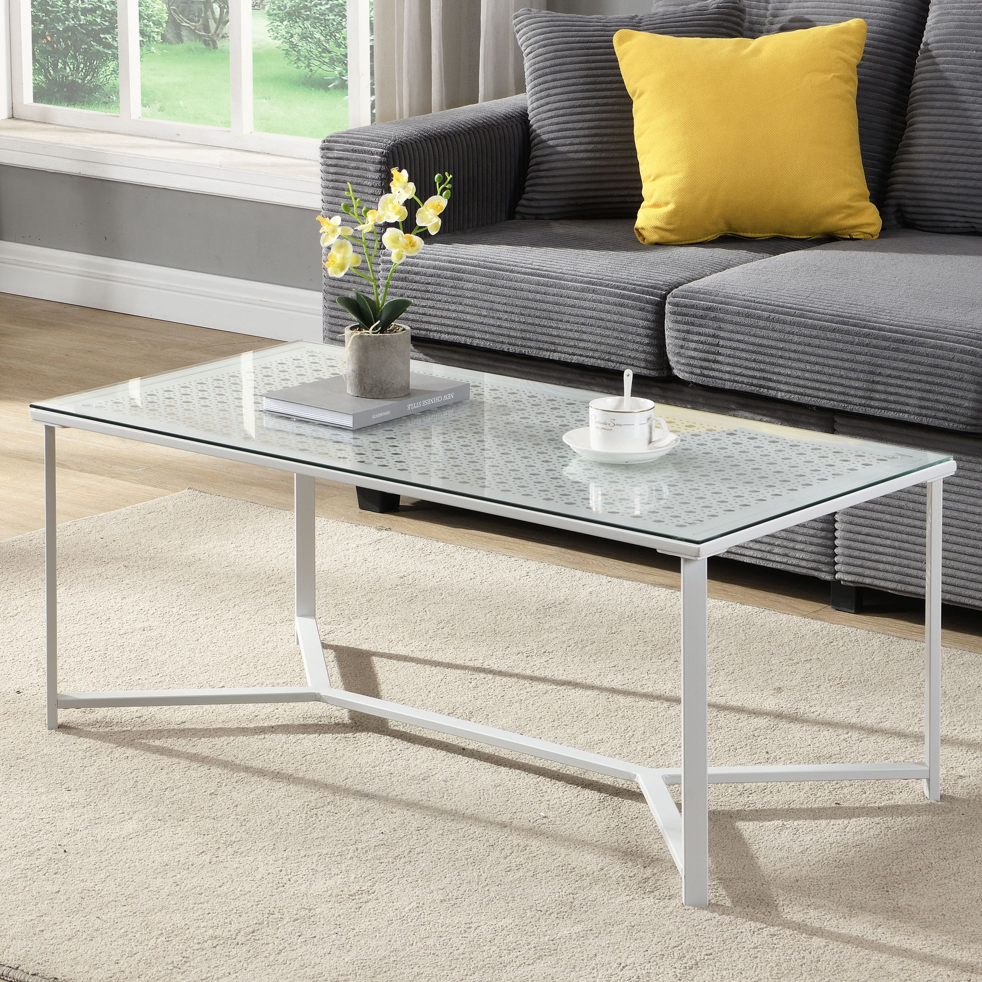 Couchtisch Glas Metall Weiß 100 cm Rechteckiger Wohnzimmertisch Modern – Bild 2