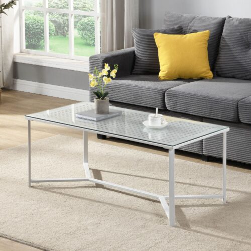 Couchtisch Glas Metall Weiß 100 cm Rechteckiger Wohnzimmertisch Modern – Bild 3
