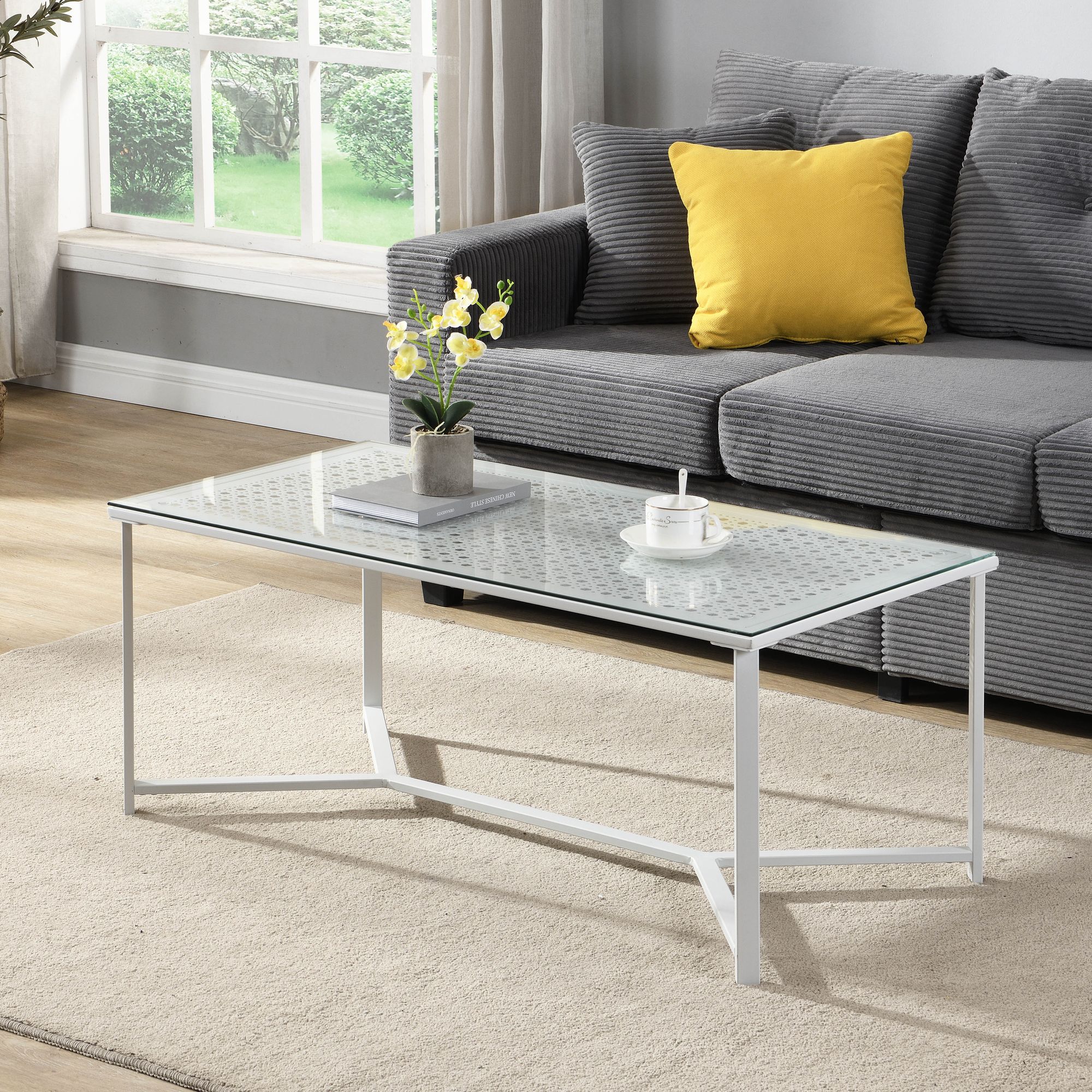 Couchtisch Glas Metall Weiß 100 cm Rechteckiger Wohnzimmertisch Modern – Bild 3