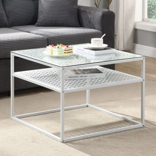 Couchtisch Glas Metall Weiß 60x60x45 cm Quadratischer Wohnzimmertisch Modern – Bild 2