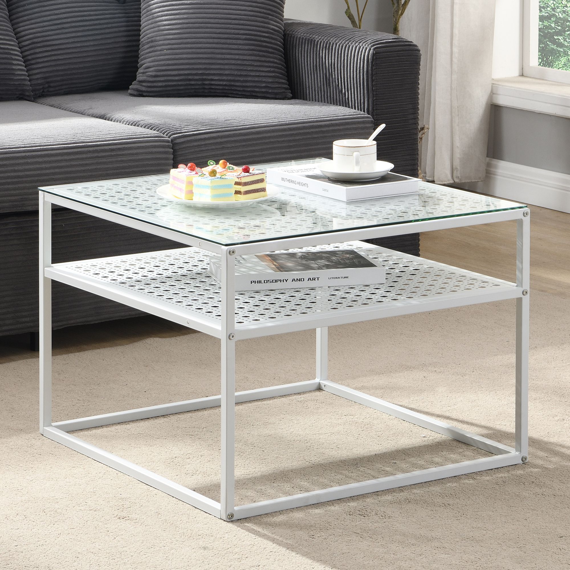 Couchtisch Glas Metall Weiß 60x60x45 cm Quadratischer Wohnzimmertisch Modern – Bild 2