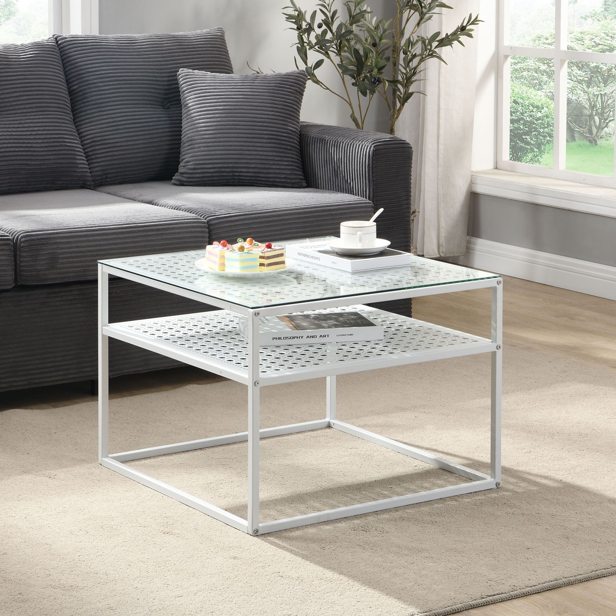 Couchtisch Glas Metall Weiß 60x60x45 cm Quadratischer Wohnzimmertisch Modern – Bild 3