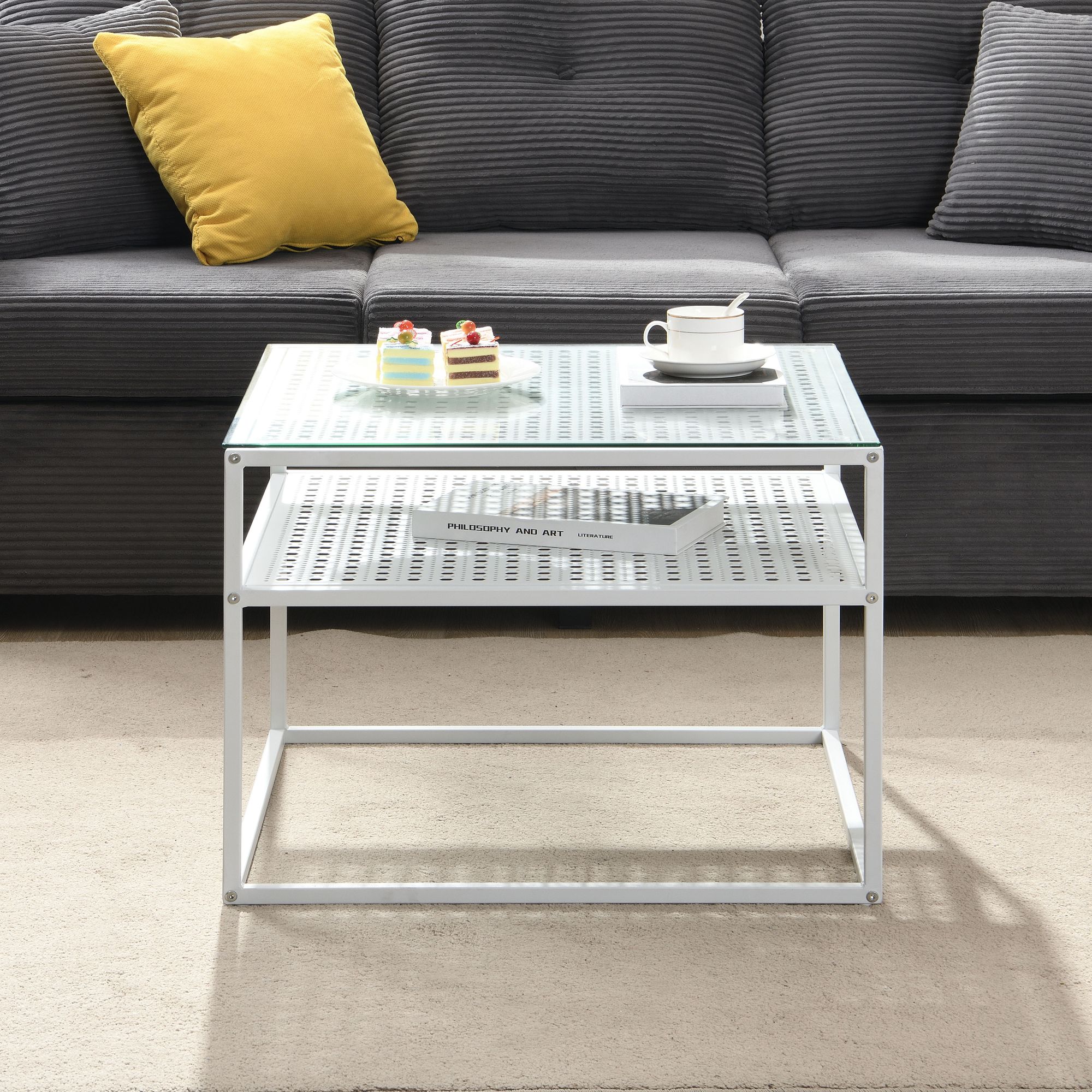 Couchtisch Glas Metall Weiß 60x60x45 cm Quadratischer Wohnzimmertisch Modern – Bild 5