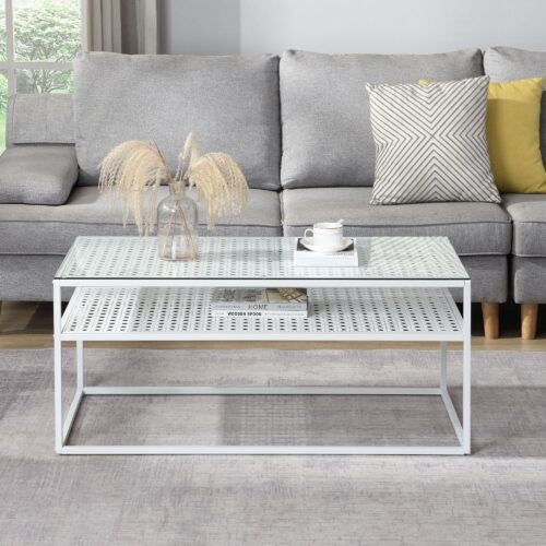 Couchtisch Glas Rechteckig 100 cm Weiß Moderner Wohnzimmertisch mit Metallgestell – Bild 5