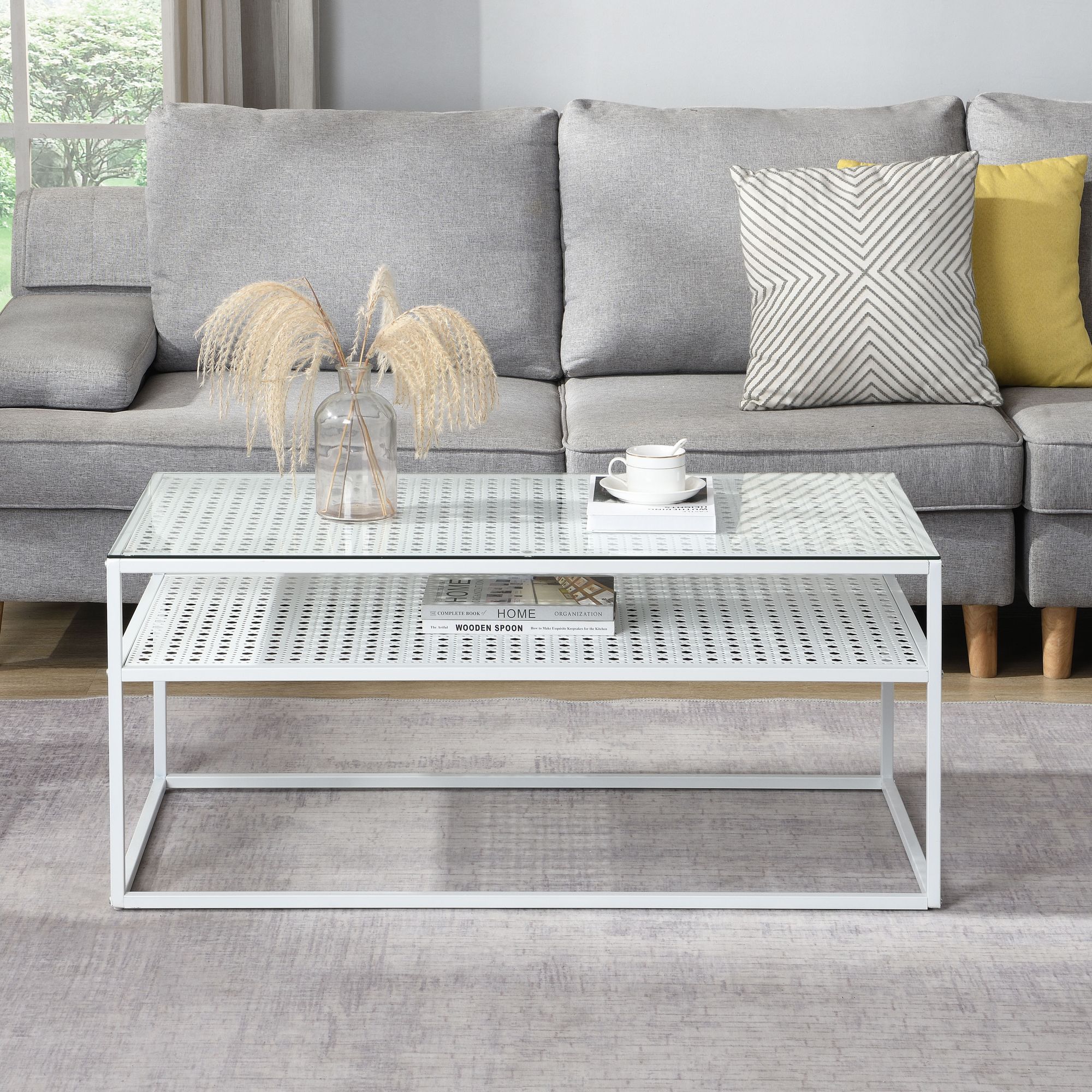 Couchtisch Glas Rechteckig 100 cm Weiß Moderner Wohnzimmertisch mit Metallgestell – Bild 5