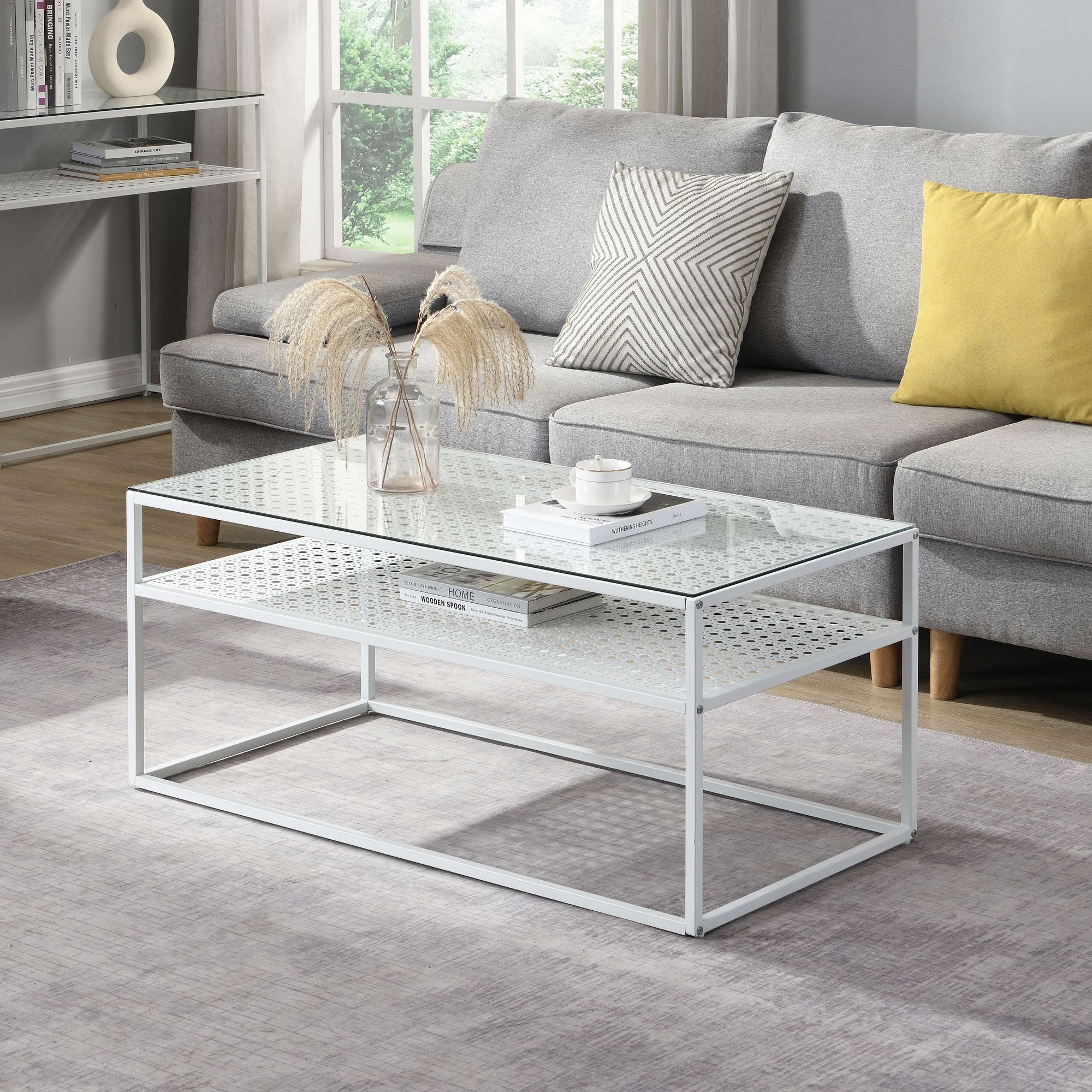 Couchtisch Glas Rechteckig 100 cm Weiß Moderner Wohnzimmertisch mit Metallgestell – Bild 3