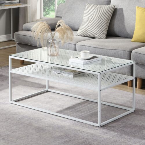 Couchtisch Glas Rechteckig 100 cm Weiß Moderner Wohnzimmertisch mit Metallgestell – Bild 2