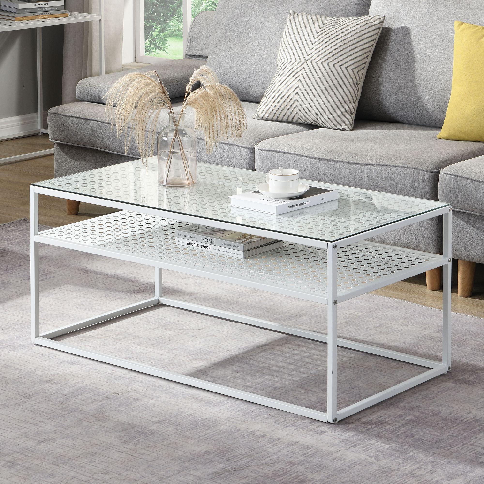 Couchtisch Glas Rechteckig 100 cm Weiß Moderner Wohnzimmertisch mit Metallgestell – Bild 2