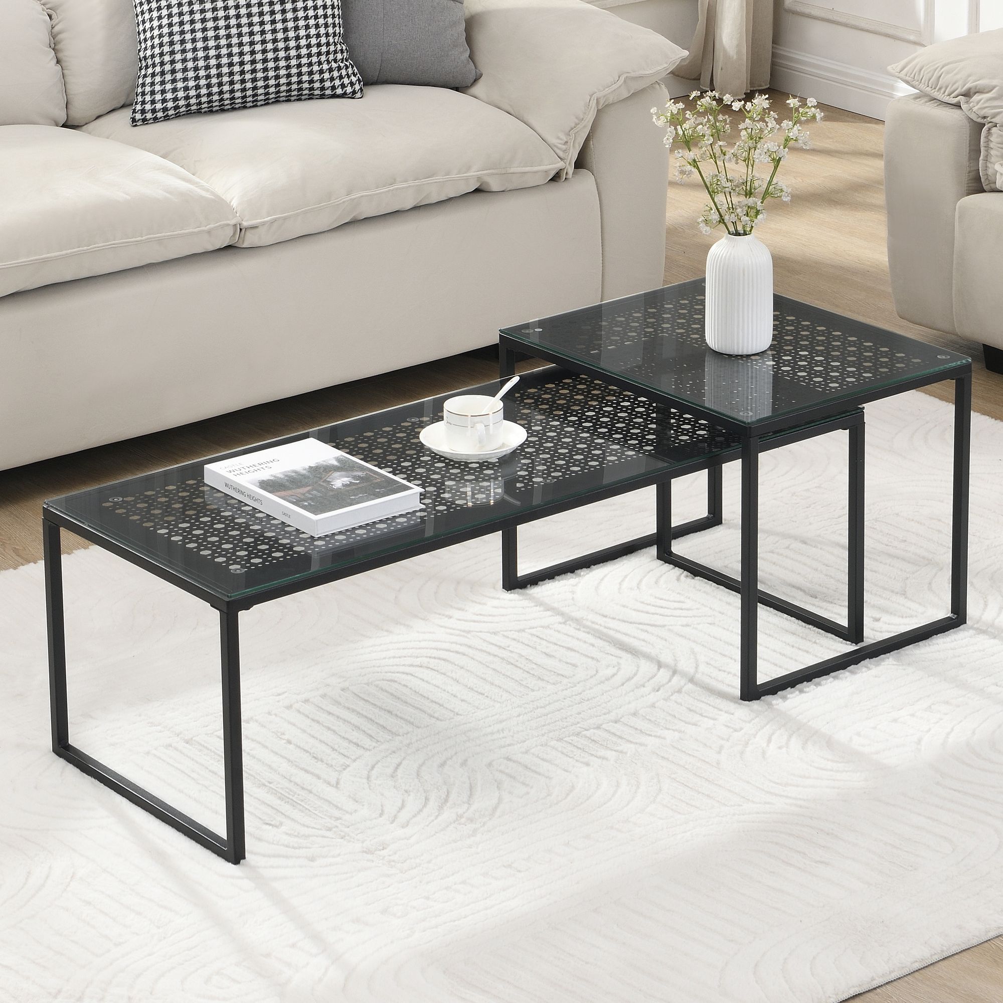 Satztisch Glas Metall 2er Set Modern Couchtisch Schwarz – Bild 2