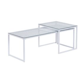 Satztisch Glas Metall 2er Set Modern Couchtisch Weiß Design Sofatisch Platzsparend Wohnzimmertisch Kaffeetisch Rechteckig &