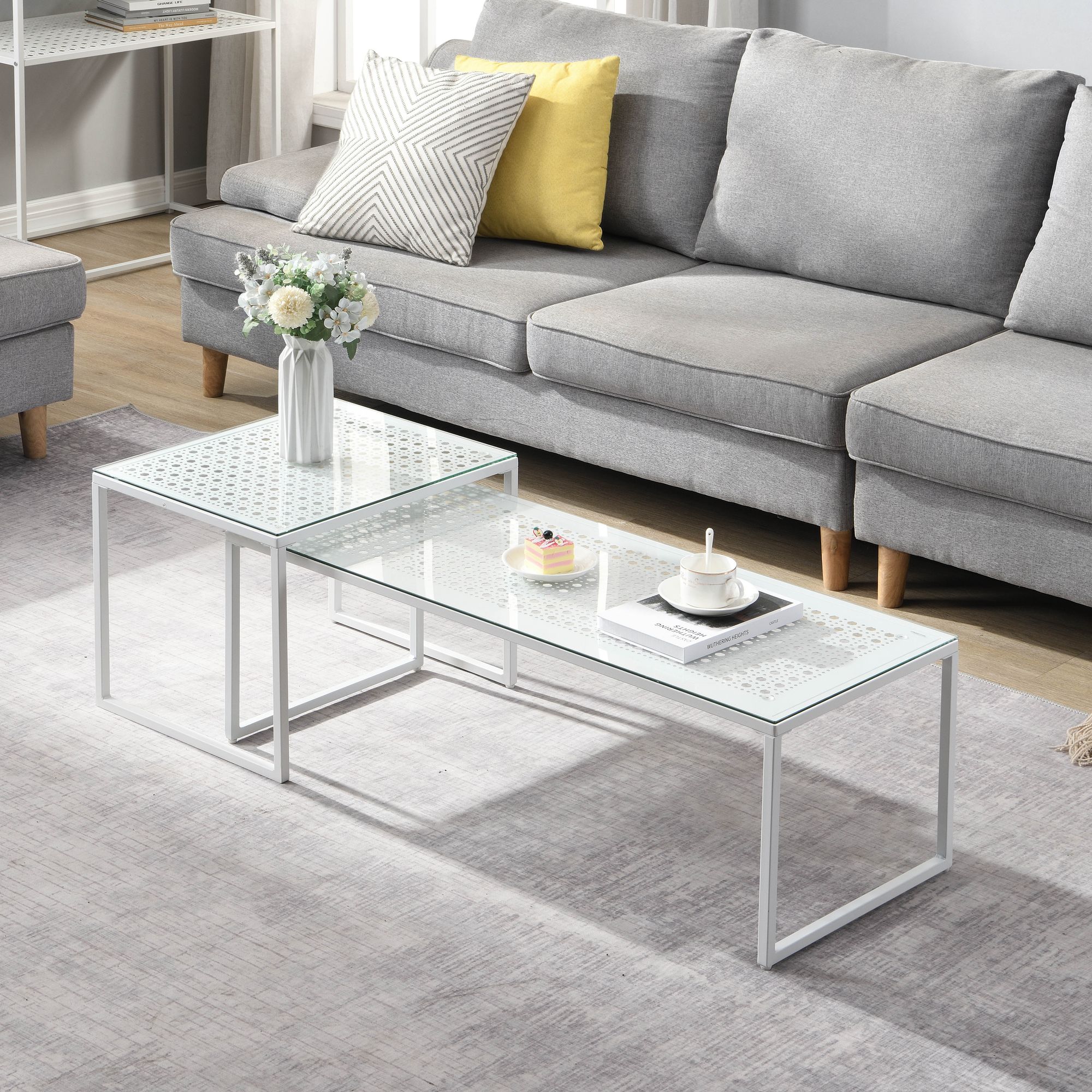 Satztisch Glas Metall 2er Set Modern Couchtisch Weiß Rechteckig – Bild 3