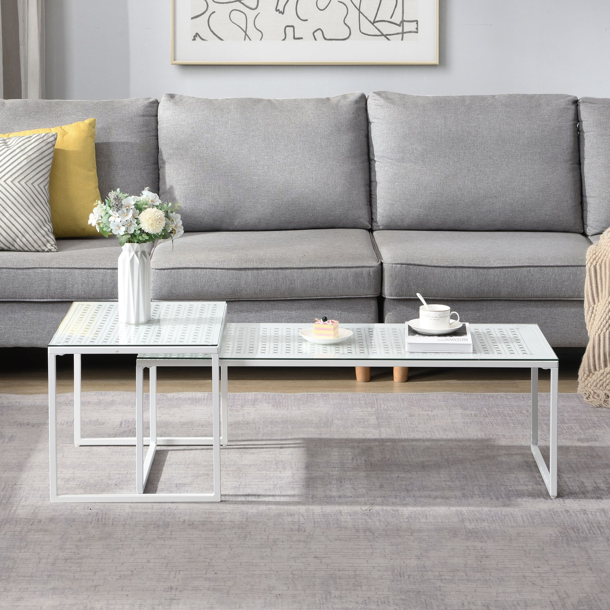 Satztisch Glas Metall 2er Set Modern Couchtisch Weiß Rechteckig – Bild 5