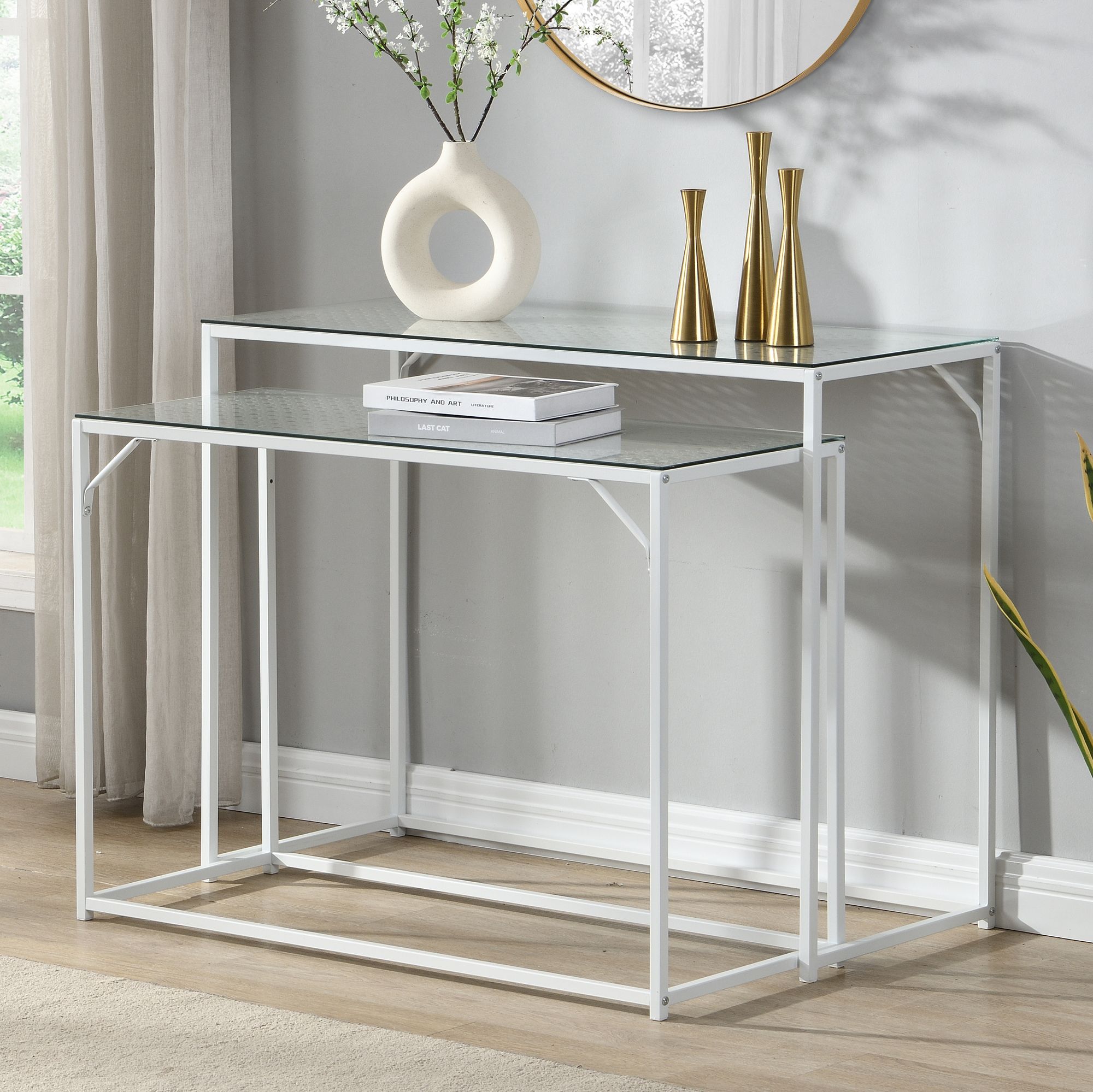 Konsolentisch Set 2er Weiß Metall mit Glasplatte Moderne Dekotische für Flur – Bild 2