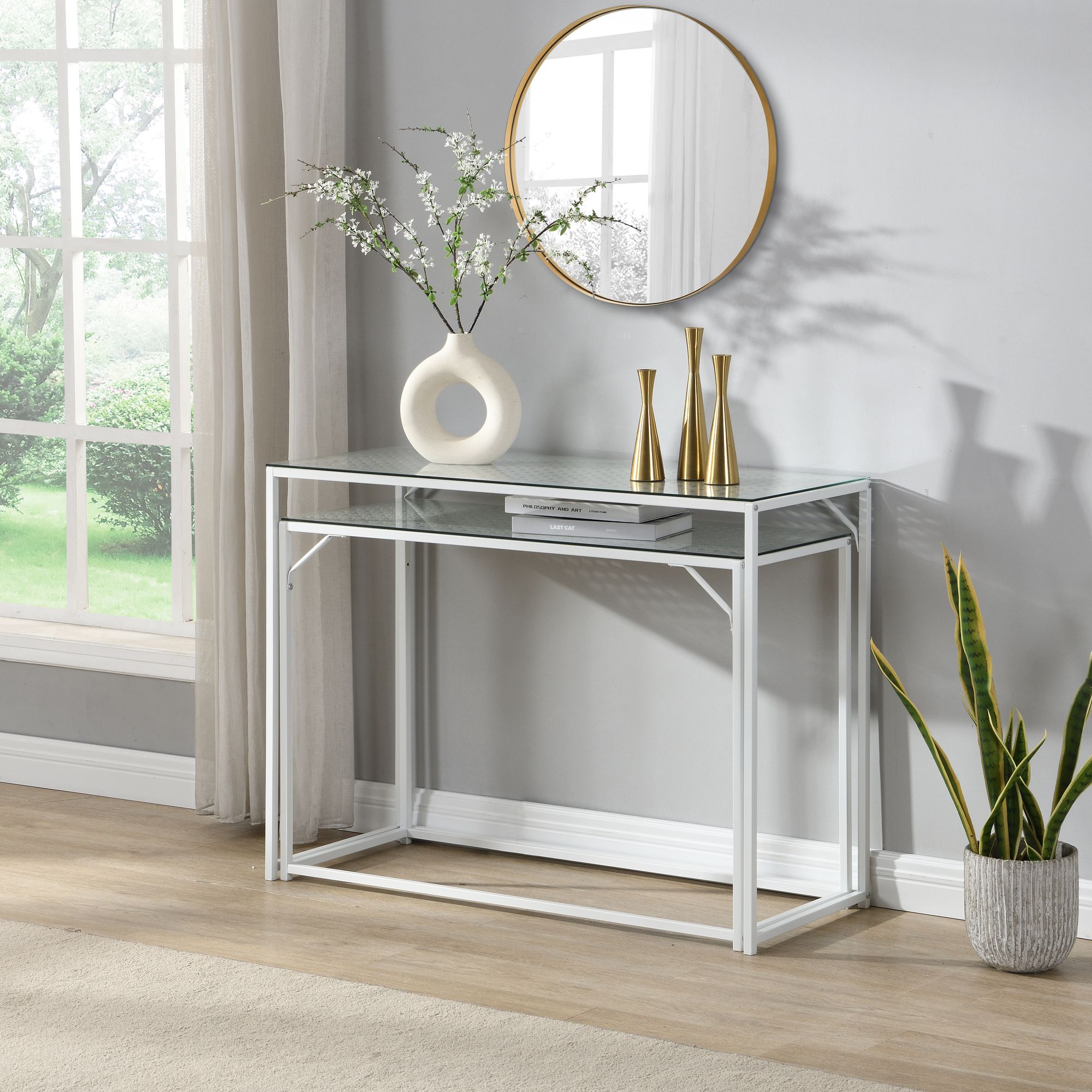 Konsolentisch Set 2er Weiß Metall mit Glasplatte Moderne Dekotische für Flur – Bild 5