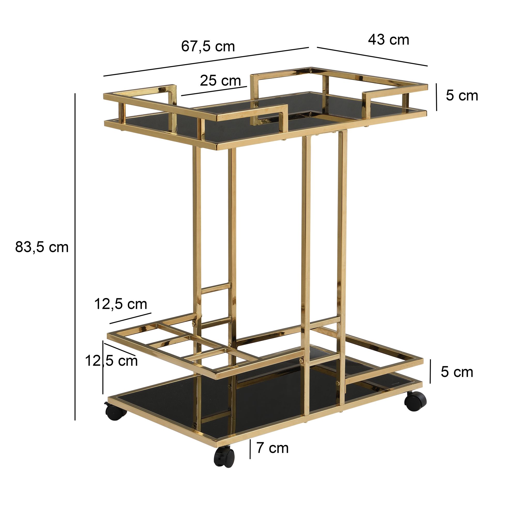 Servierwagen Gold Metall mit Glas Ablagen auf Rollen 675x835x43 – Bild 4