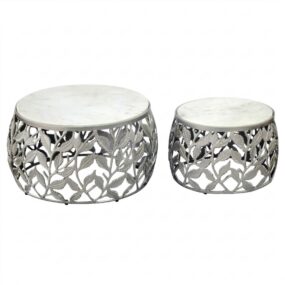 2er Set Couchtisch Silber mit weißer Marmor Tischplatte - Wohnzimmer Tisch