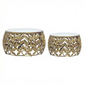 2er Set Couchtisch Gold mit weißer Marmor Tischplatte - Wohnzimmer Tisch