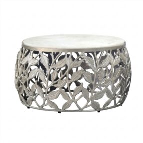 Couchtisch 60cm Silber mit weißer Marmor Tischplatte - Wohnzimmertisch rund