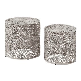 Satztisch Aluminium 2er Set rund silber - Beistelltisch mit Blattmuster