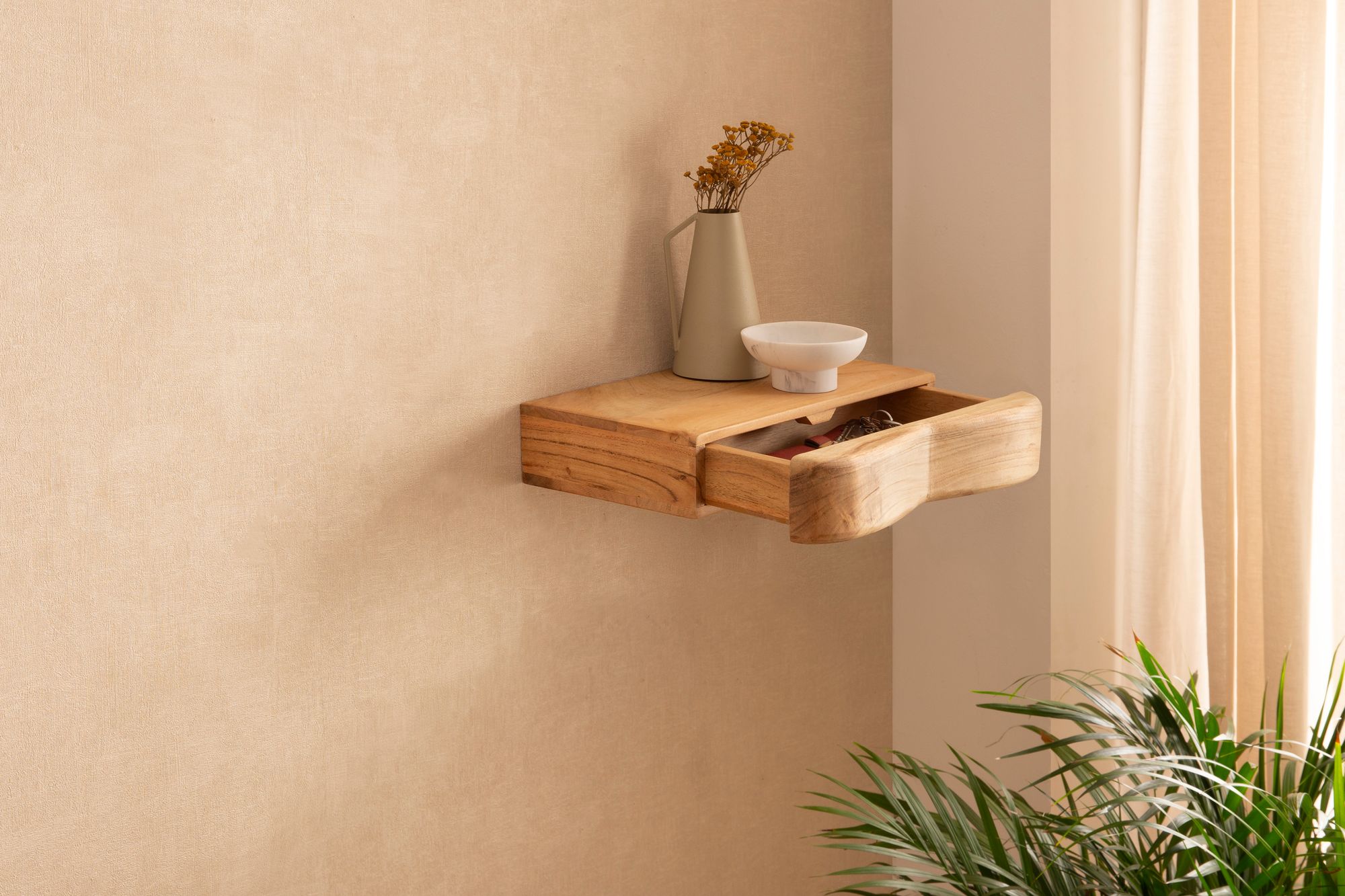 Wandregal Akazie Massivholz 40cm mit Schublade – Bild 5