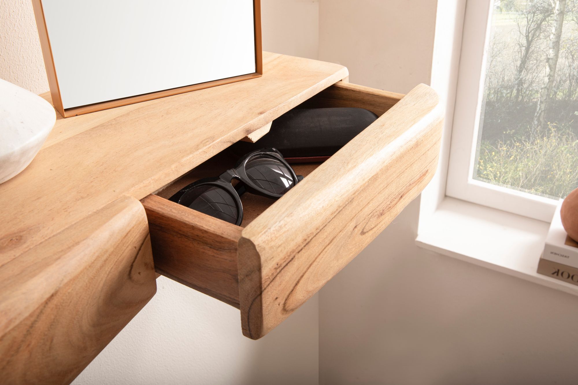 Wandregal Akazie Massivholz 60cm mit zwei Schubladen Design Regal – Bild 5