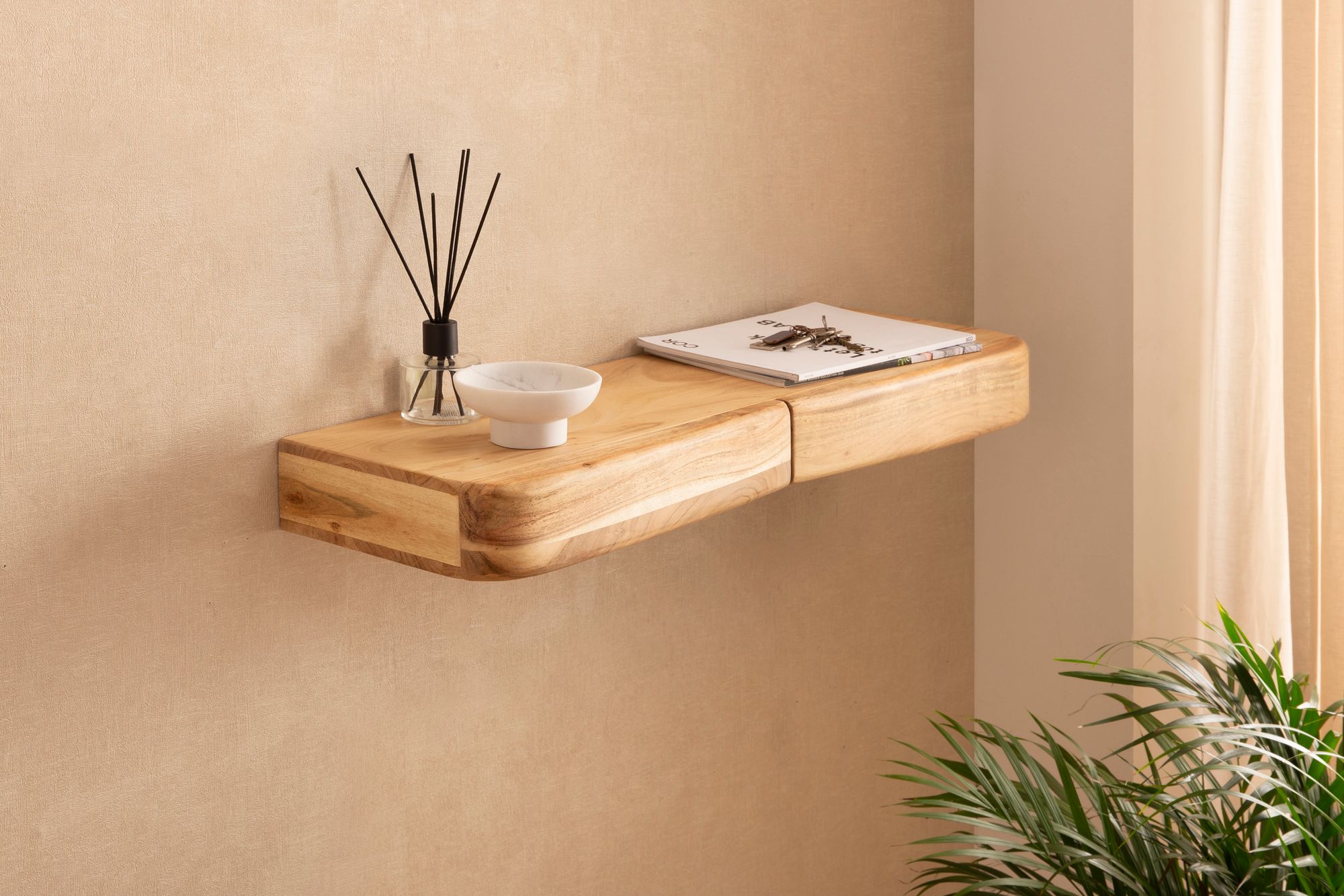 Wandregal Akazie Massivholz 80cm mit zwei Schubladen Design Regal – Bild 3