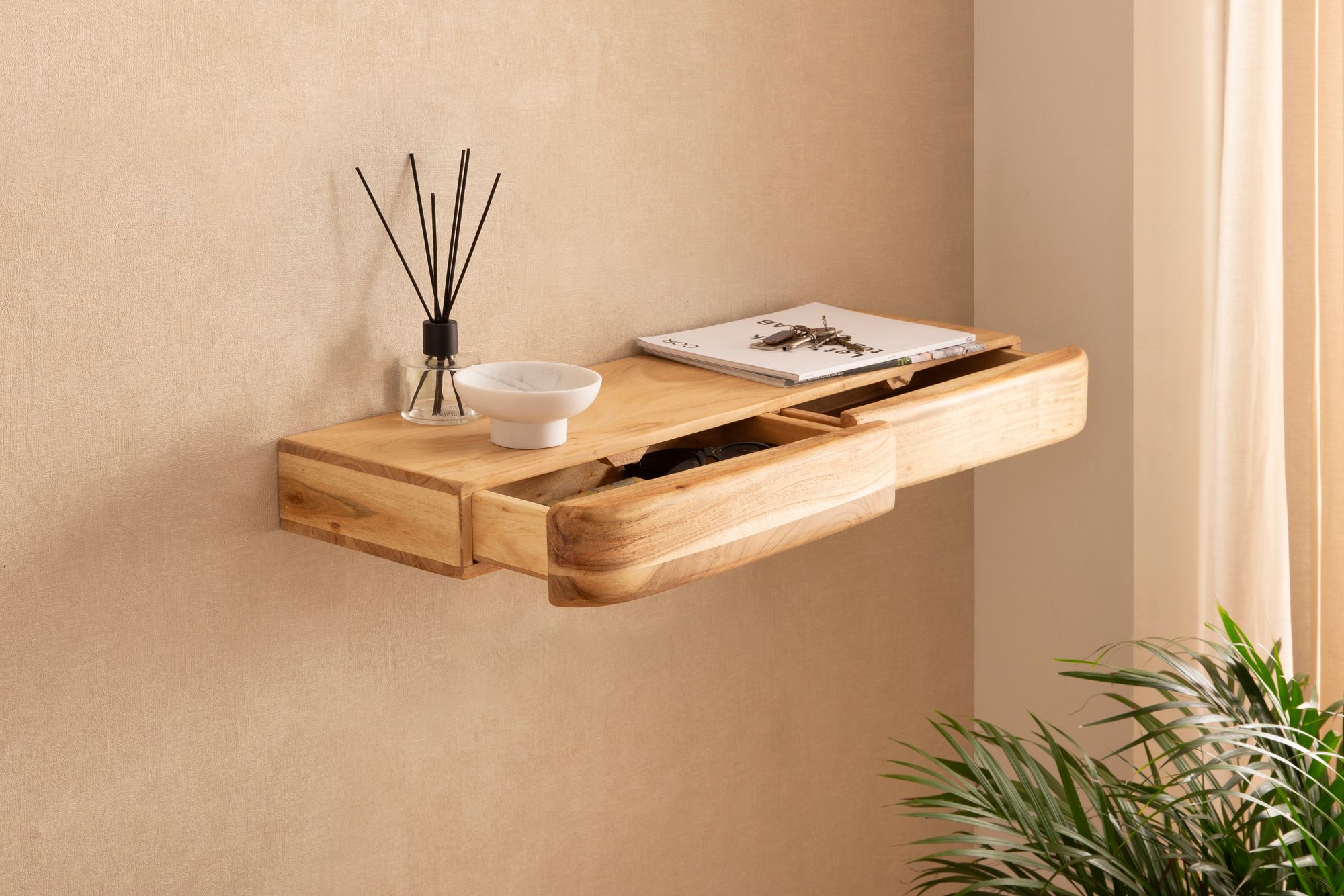 Wandregal Akazie Massivholz 80cm mit zwei Schubladen Design Regal – Bild 5