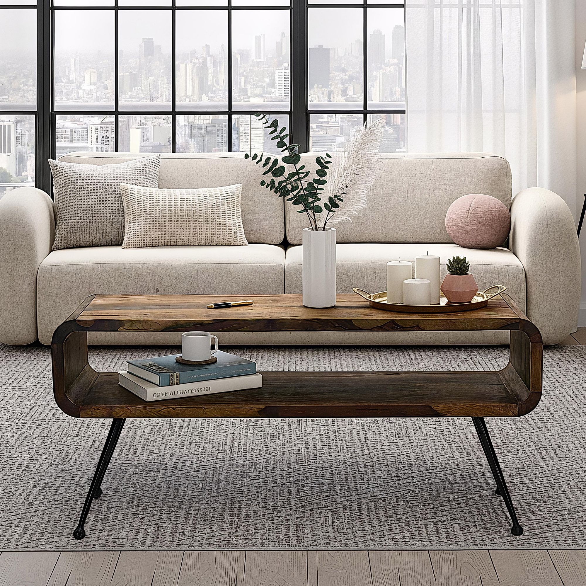 Retro Couchtisch Sheesham Massivholz 100cm Wohnzimmertisch rechteckig – Bild 2