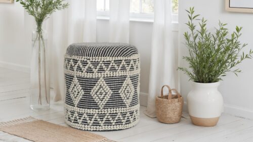 Sitzhocker aus Wolle Ø 40 x 45 cm Grau-Creme Rund – Bild 3