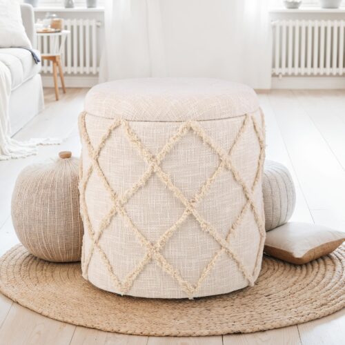 Sitzhocker mit Stauraum rund 40x40x45 cm Polsterhocker Creme Baumwolle – Bild 2