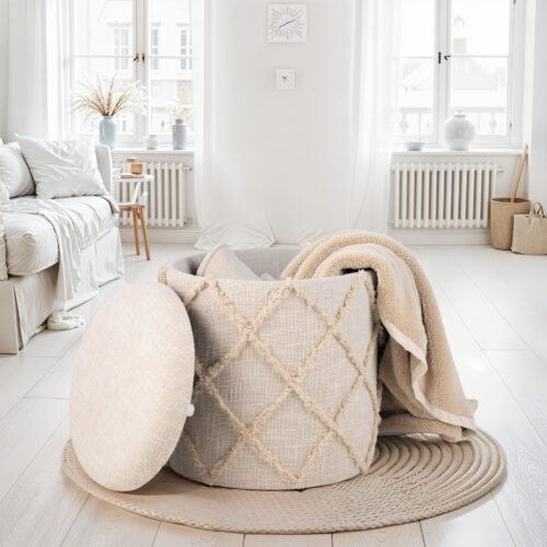 Sitzhocker mit Stauraum rund 40x40x45 cm Polsterhocker Creme Baumwolle – Bild 5