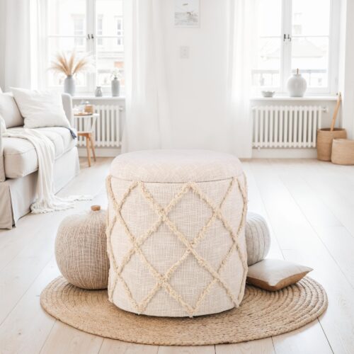 Sitzhocker mit Stauraum rund 40x40x45 cm Polsterhocker Creme Baumwolle – Bild 3