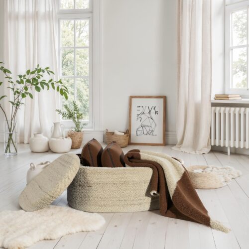 Sitzhocker mit Stauraum Wolle oval 81 cm abnehmbarer Deckel Polsterhocker – Bild 5