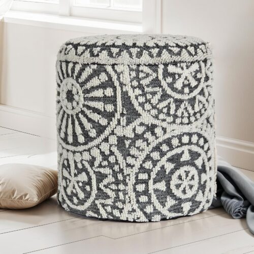 Sitzhocker rund Ø 40 × 45 cm Grau-Creme aus Wolle – Bild 2