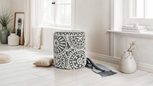 Sitzhocker rund Ø 40 × 45 cm Grau-Creme aus Wolle – Bild 3