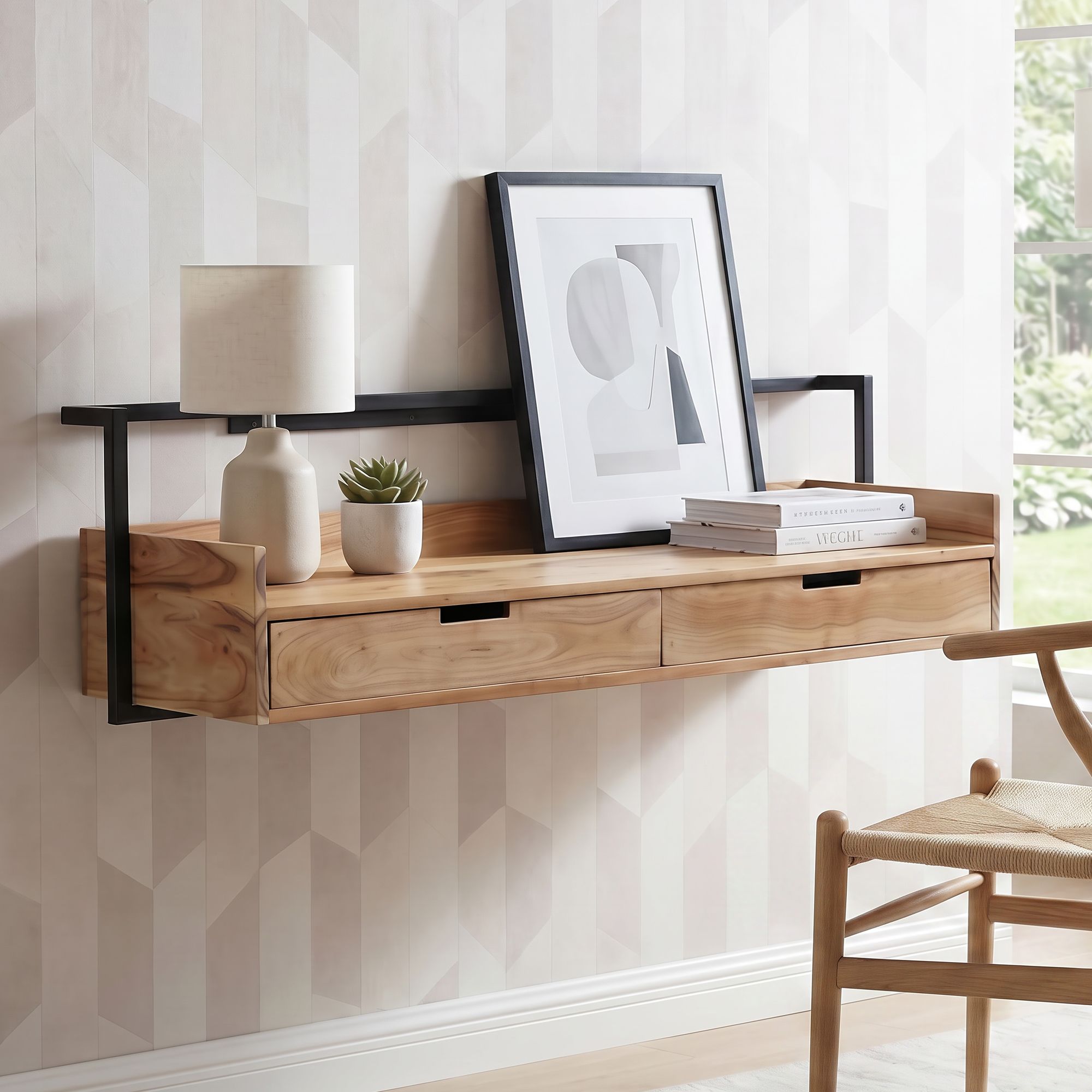 Wandschreibtisch Akazie Massivholz 120cm mit 2 Schubladen Design Schreibtisch – Bild 2